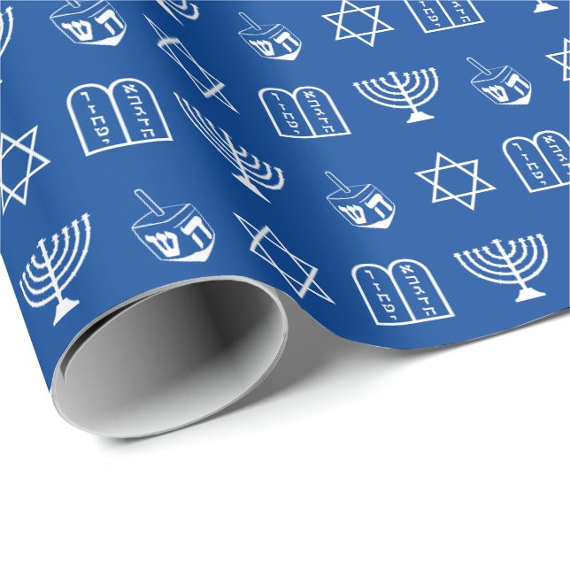 Modern blue white Jewish icons pattern Hanukkah Wrapping Paper (Roll Corner)