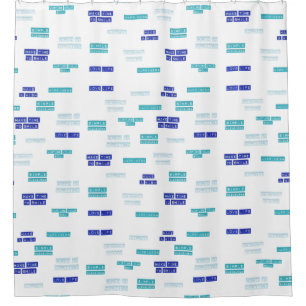 Modern Blue White Love Life Embossed Labels Patter Shower Curtain
