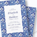 Modern Blue & White Mediterranean Tiles Wedding Invitation<br><div class="desc">Composed of playful serif typography. All against a backdrop of blue and white Mediterranean Spanish tiles.

This is designed by White Paper Birch Co.,  exclusive for Zazzle.
 
 Available here:
 http://www.zazzle.com/store/whitepaperbirch</div>
