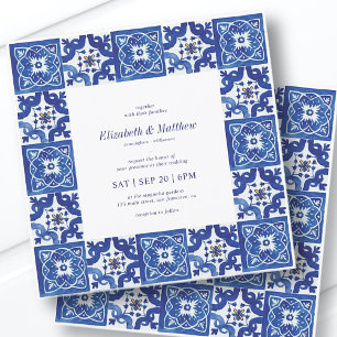 Modern Blue & White Mediterranean Tiles Wedding Invitation