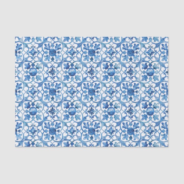 Modern Blue & White Mediterranean Watercolor Tissue Paper (Front)