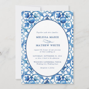 Modern Blue White Mediterranean Watercolor Wedding Invitation