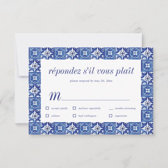 Modern Blue White Mediterranean Wedding RSVP Meal Card (Front)
