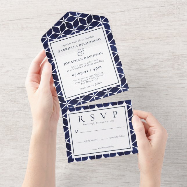 Modern Blue White Moroccan Pattern   All In One Invitation (Tearaway)