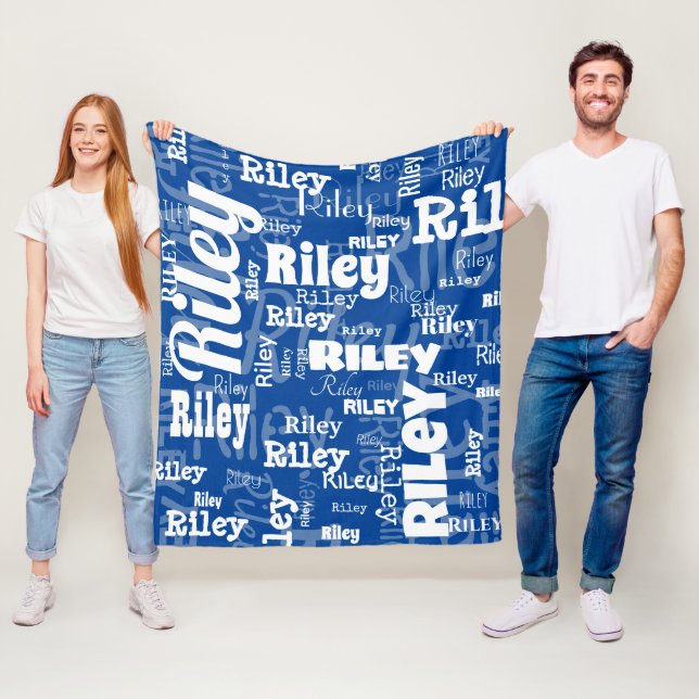 Modern Blue White Name Repeating Pattern  Fleece Blanket (In Situ)