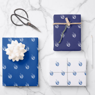 Modern blue white navy dreidel patterns Hanukkah Wrapping Paper Sheet