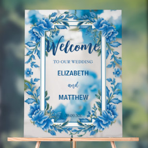 Modern  Blue & White Overlay Flowers wedding Acrylic Sign