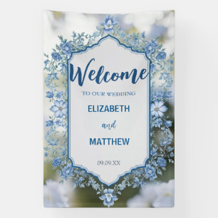 Modern  Blue & White Overlay Flowers wedding Banner