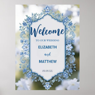 Modern  Blue & White Overlay Flowers wedding Poster