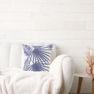 Modern Blue & White Palm Leaves Cushion