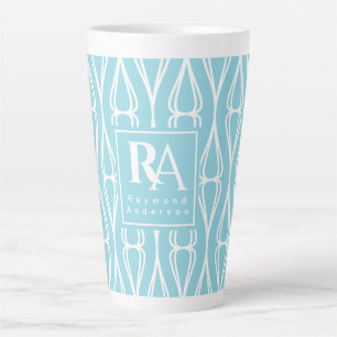 Modern Blue White Pattern Monogram Latte Mug