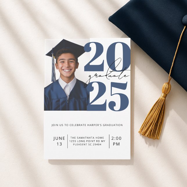 Modern Blue & White Photo Graduation Class of 2025 Invitation (Creator Uploaded)