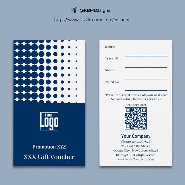Modern Blue White Promotional Gift Voucher Card (Classic Blue White Promotional Gift Voucher Card, Profile Format, Logo, Track.ID., QR code, Terms)
