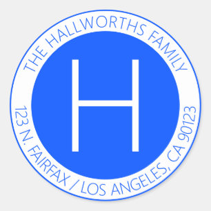 Modern Blue & White Return Address or Other Text Classic Round Sticker