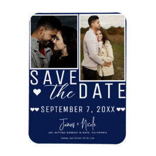 Modern Blue & White Save the Date 2 Photo Wedding Magnet