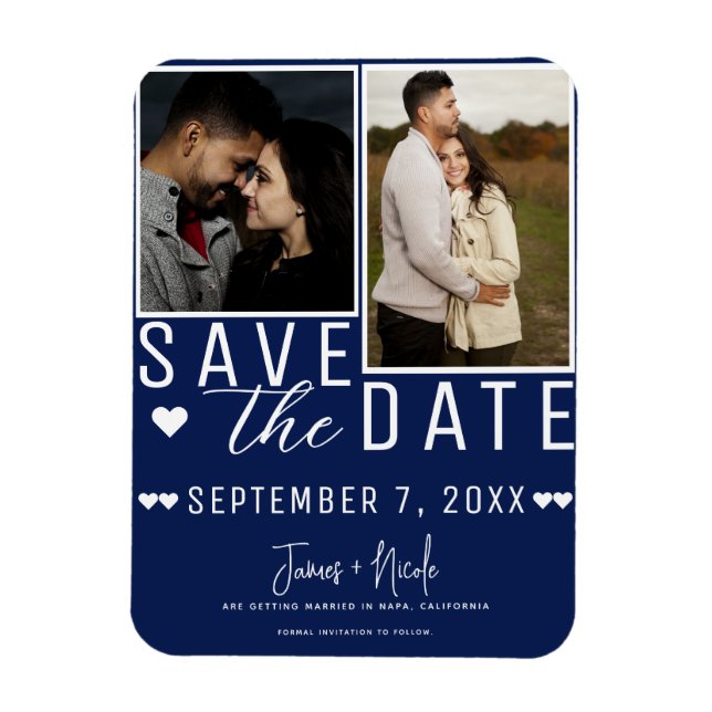 Modern Blue & White Save the Date 2 Photo Wedding Magnet (Vertical)