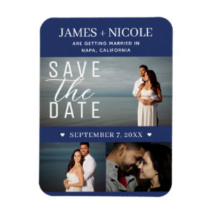 Modern Blue & White Save the Date Wedding 3 Photos Magnet