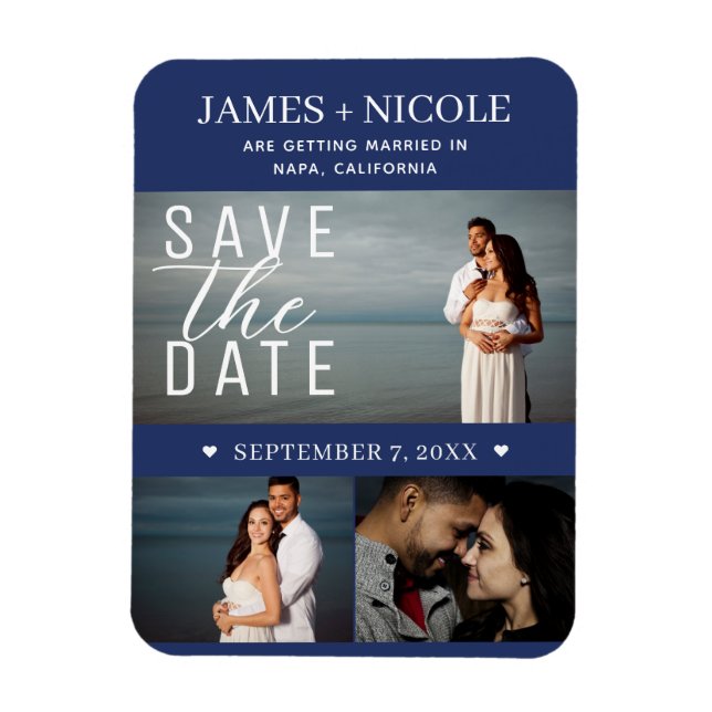 Modern Blue & White Save the Date Wedding 3 Photos Magnet (Vertical)