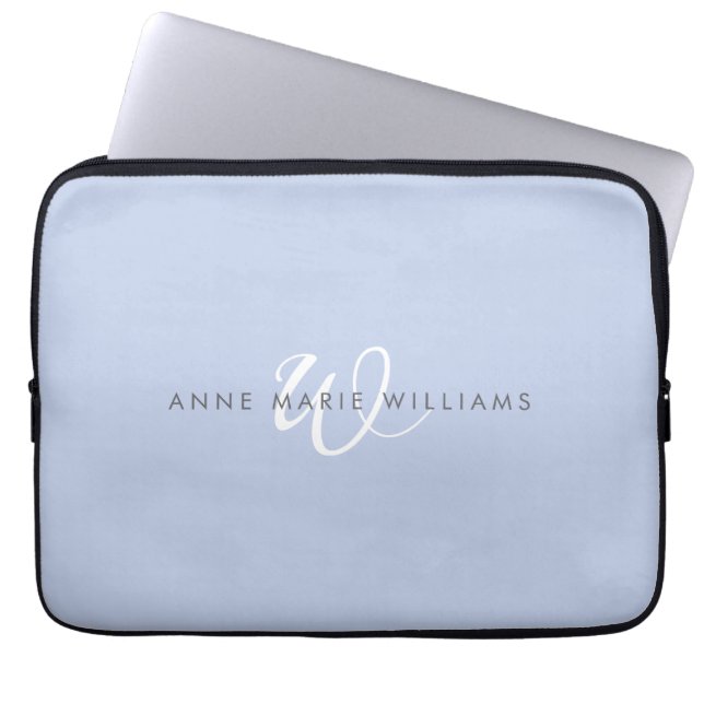 Modern Blue White Script Monogram Laptop Sleeve (Front)