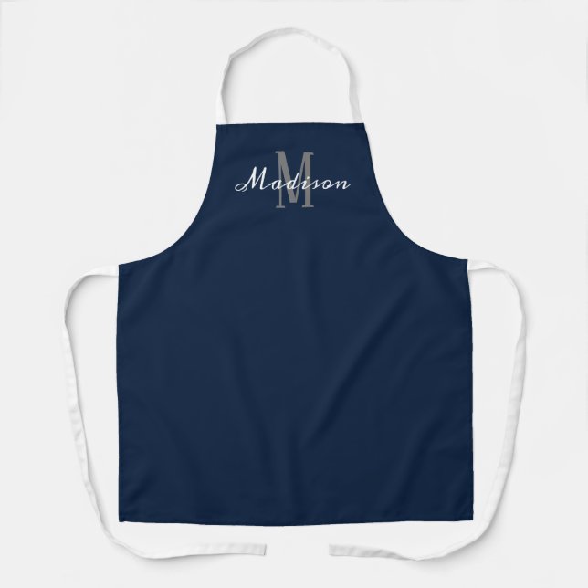 Modern Blue White Script Monogram Personalised Apron (Front)