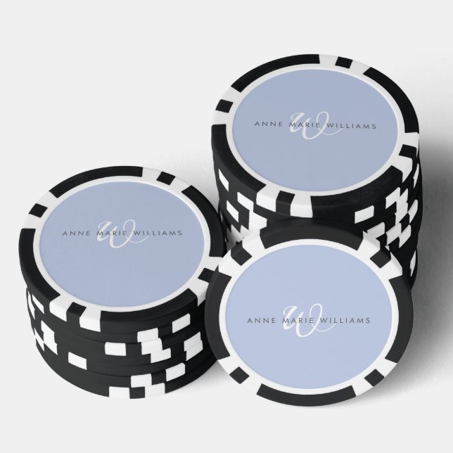 Modern Blue White Script Monogram Poker Chips (Stack)