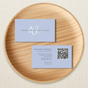 Modern Blue White Script Monogram QR Code Business Card