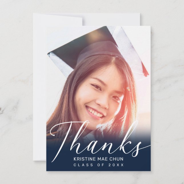 Modern Blue White Script Photo Blue Graduation Thank You Card (Front)