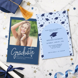 Modern Blue White Script Photo Graduation Party   Invitation