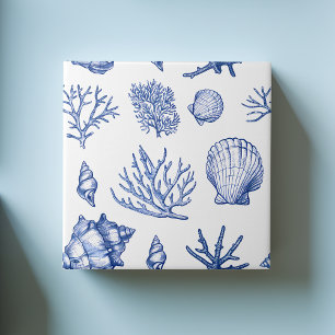 Modern Blue White Seashell Coral Ocean Pattern Ceramic Tile