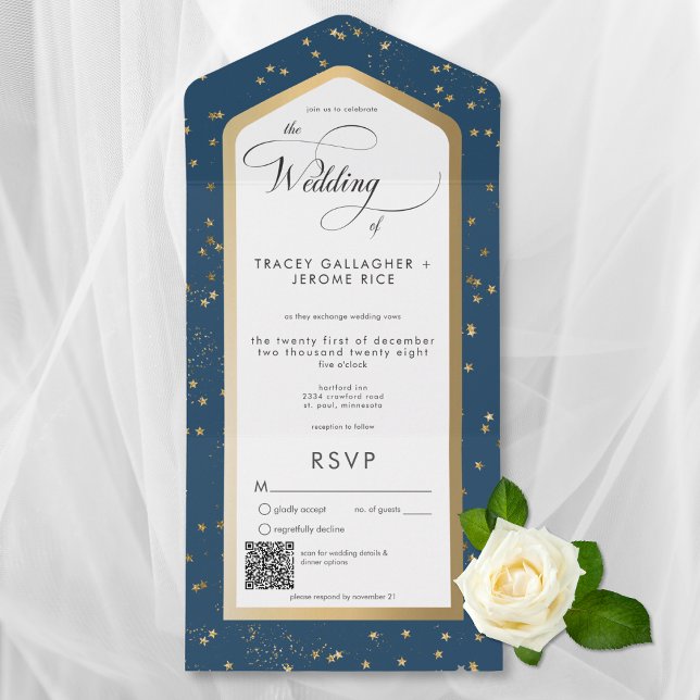Modern Blue & White Starry Gold QR Code All In One Invitation (Modern Blue & White Starry Gold All In One Wedding Invitation with QR Code)