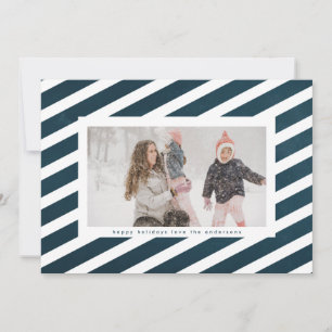Modern Blue & White Stripe Candy Cane Frame Photo Holiday Card