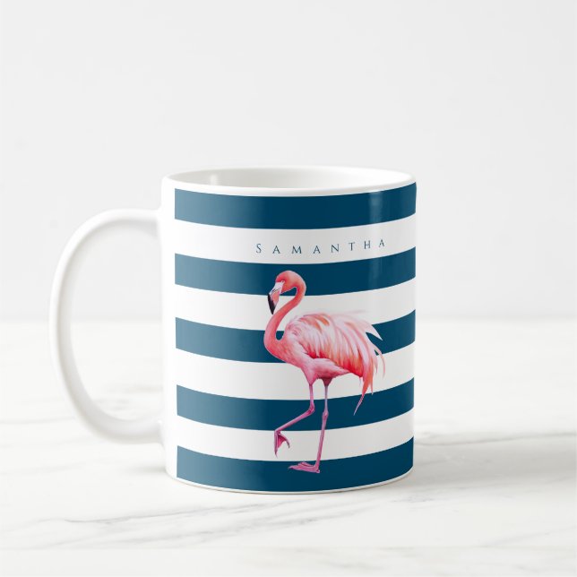 Modern Blue White Stripe Pink Flamingo Custom Name Coffee Mug (Left)