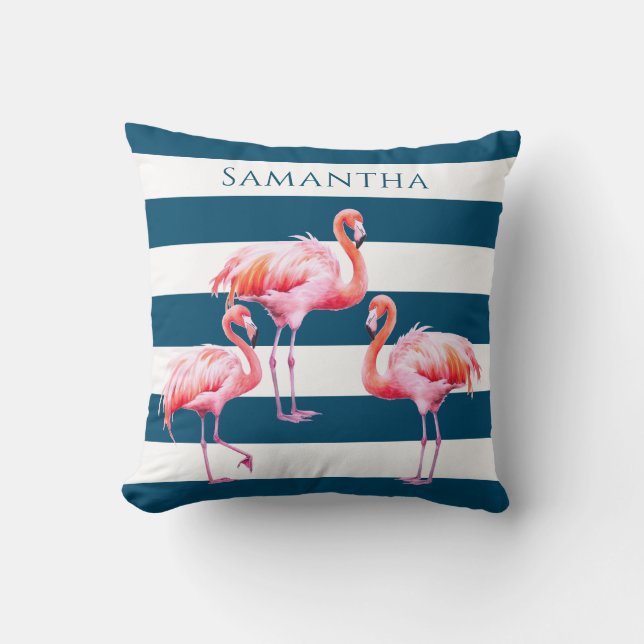 Modern Blue White Stripe Pink Flamingo Custom Name Cushion (Front)