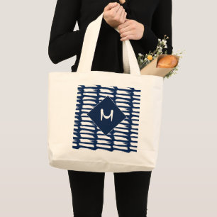 Modern Blue White Stripes Monogram Large Tote Bag
