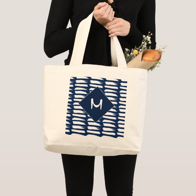 Modern Blue White Stripes Monogram Large Tote Bag (Front (Product))