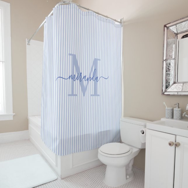 Modern Blue & White Stripes Monogram Name Shower Curtain (In Situ)