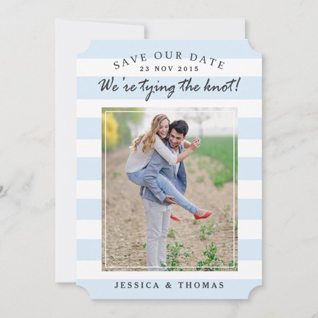 Modern Blue & White Stripes | Photo Save The Date (Front)