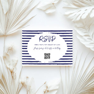 Modern Blue White Stripes Wedding RSVP Card