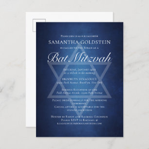 Modern Blue White Typography Formal Bat Mitzvah Invitation Postcard