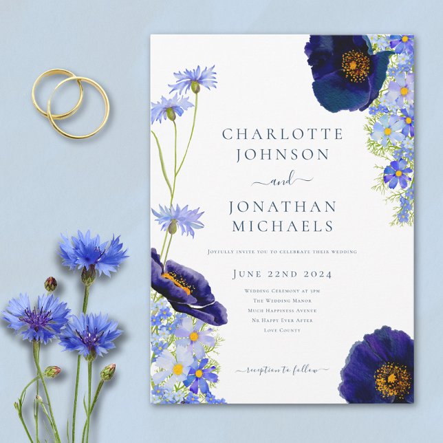 Modern Blue Wildflower Watercolor Rustic Wedding Invitation (Elegant wildflower watercolor blue summer floral wedding invitation With modern typography script )