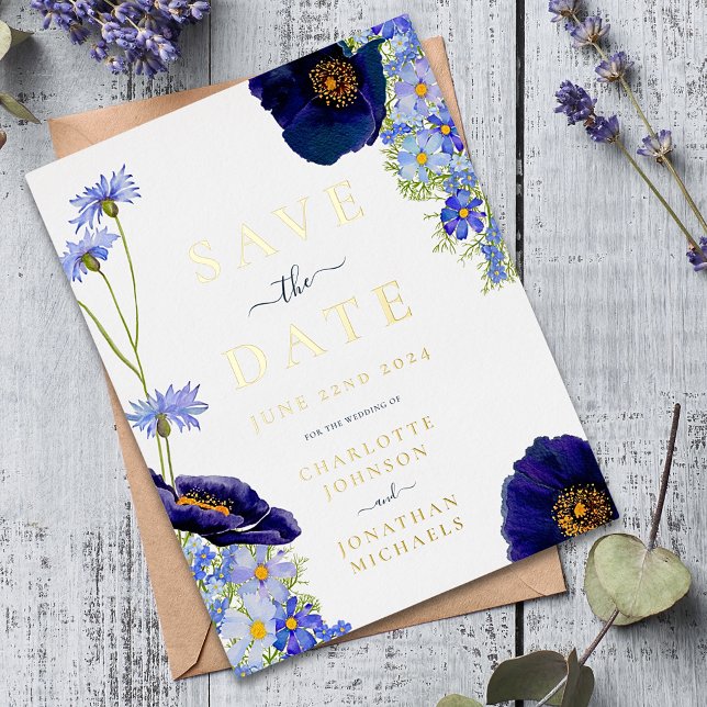 Modern Blue Wildflower Watercolor Wedding Gold Foil Invitation Postcard (Modern wildflower blue floral stylish gold foil typography wedding invitation )