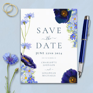 Modern Blue Wildflower Watercolor Wedding Invitation Postcard