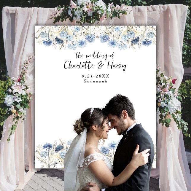 Modern Blue Wildflowers Wedding Photo  Backdrop Tapestry (Creator Uploaded)