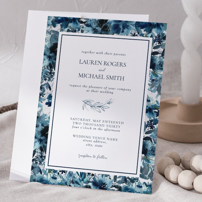 Modern Blue Winter Botanical Watercolor Wedding Invitation (Winter Wedding Invitation)