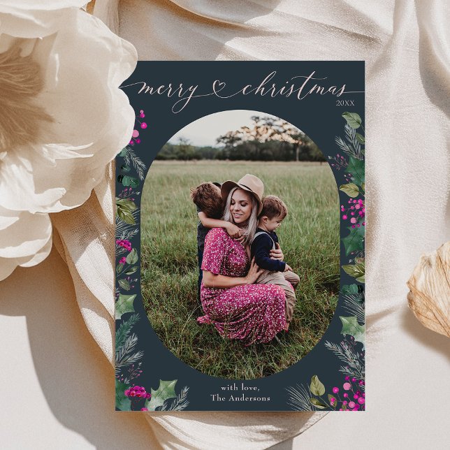 Modern Blue Winter Botanicals 1 Photo Christmas Holiday Card (Creator Uploaded)