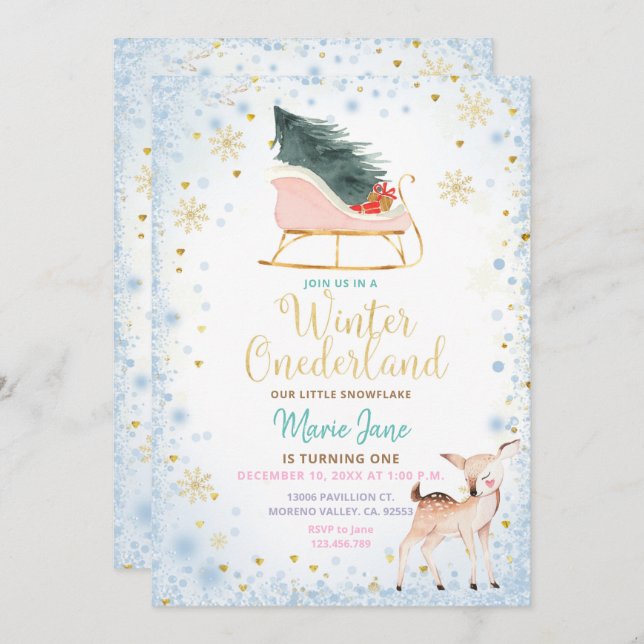 Modern Blue Winter Onederland Birthday Invitation (Front/Back)