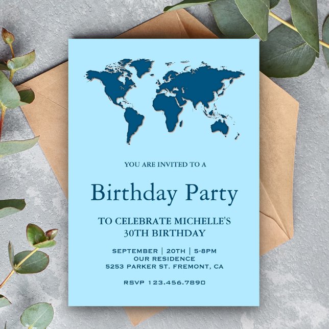 Modern Blue World Map Birthday Party Invitation (Creator Uploaded)