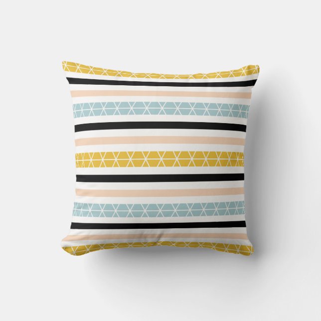 Modern Blue Yellow Black White Stripes Pattern Cushion (Front)