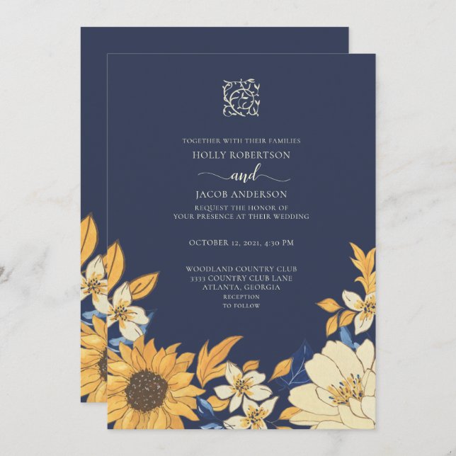 Modern Blue Yellow Cream Sunflower Floral Wedding Invitation (Front/Back)