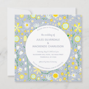 Modern Blue Yellow Floral Wedding Invitation